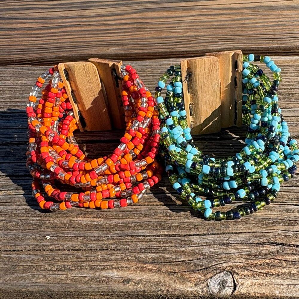 Boho Chic Seed Bead Bracelet Set of 2 Wood Clasp Eclectic Colorful